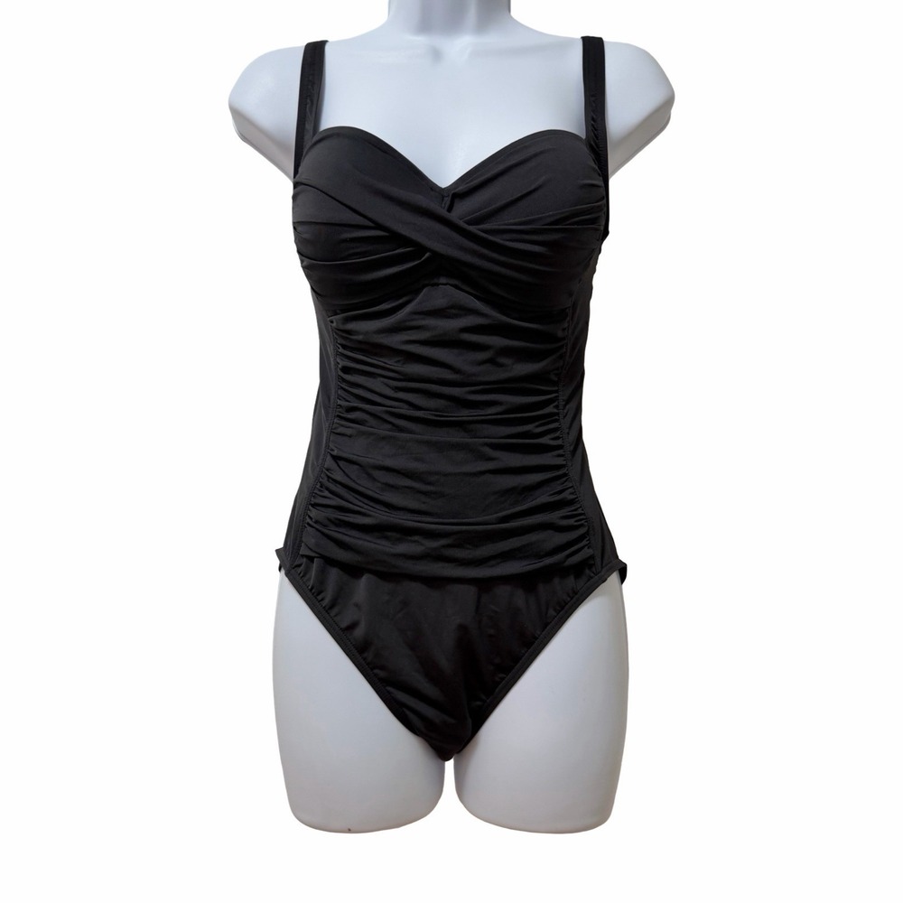 La Blanca Island Goddess Sweetheart Twist Ruched One Piece Swimsuit Size 8 Black